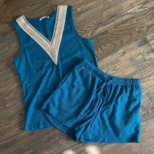 Teal Sleeveless Pajama Set with Lace Detail